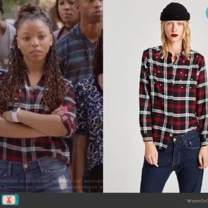 ZARA Checkered Shirt with Faux Pearls Size XS